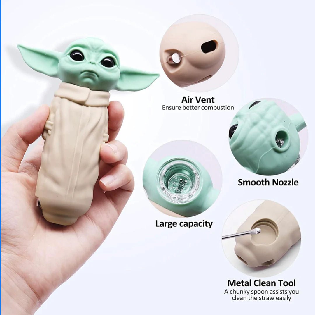 Baby Yoda Silicone Smoking Pipe with Glass Bowl - Image 4